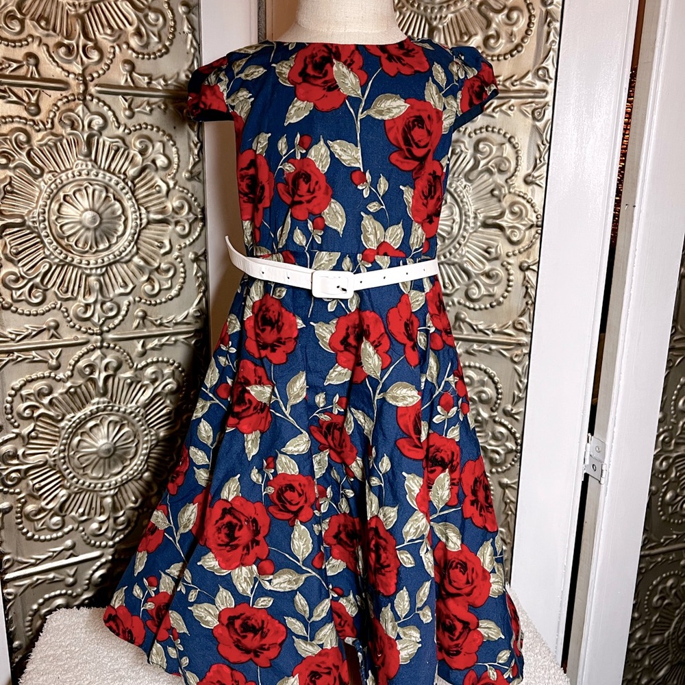 Cotton flare dress with belt, size 4-5